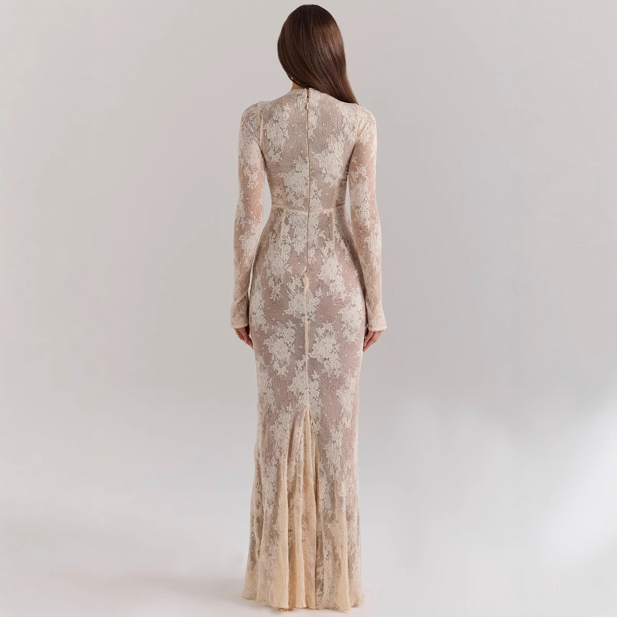 Women’s Lace Gown – Slim Fit – High Neck – Long Sleeve – Fishtail Hem Formal Dress