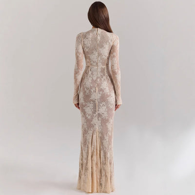 Women’s Lace Gown – Slim Fit – High Neck – Long Sleeve – Fishtail Hem Formal Dress