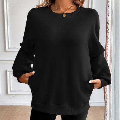 Women’s Sweatshirt – Loose Fit – Cotton Blend – Round Neck – Long Sleeve – Side Pockets