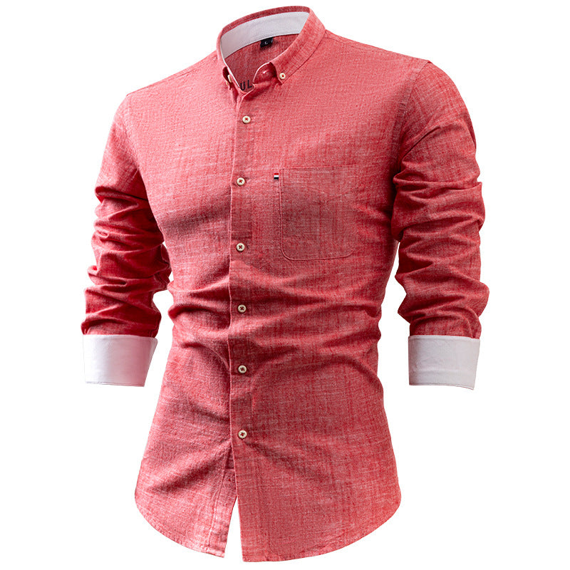 Men’s Button-Up Shirt – Cotton Linen Blend – Slim Fit – Long Sleeve – Point Collar