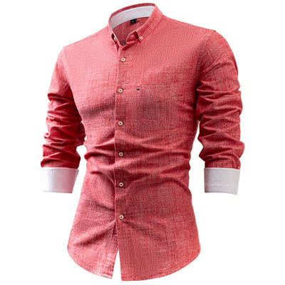 Men’s Button-Up Shirt – Cotton Linen Blend – Slim Fit – Long Sleeve – Point Collar