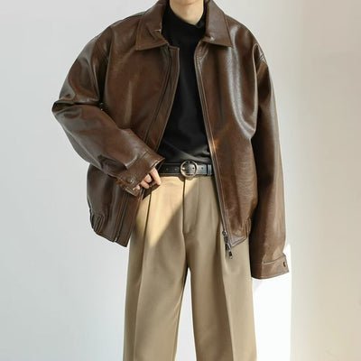 Men’s Leather Jacket – Cropped Fit – Oversized Silhouette – Zip Front – Button Cuffs