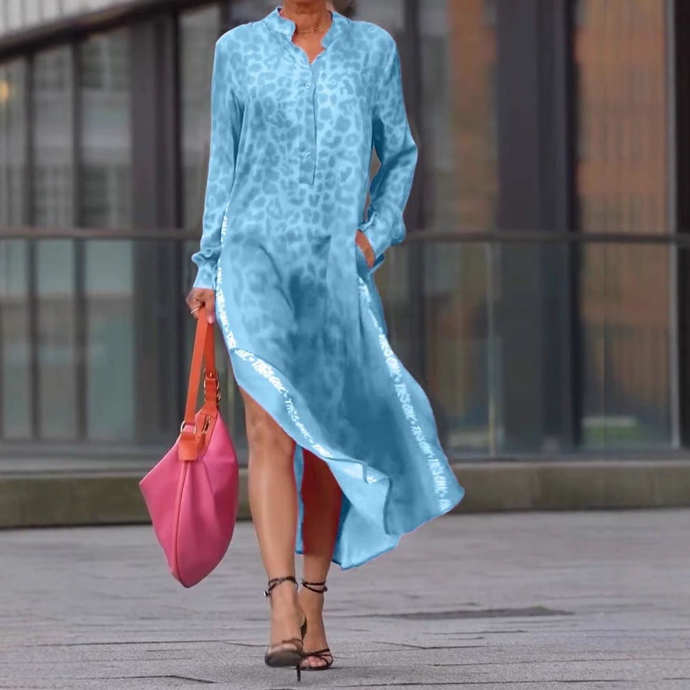 Women’s Midi Dress – Relaxed Fit – V-Neck – Long Sleeve – Animal Print – Pockets