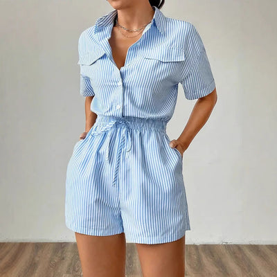 Women’s Romper – Striped Button Front – Cinched Waist – Short Sleeve Casual Fit