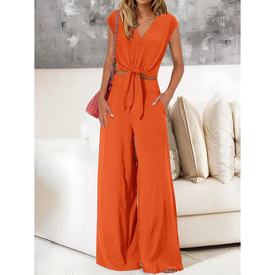 Women’s 2-Piece Set – V-Neck Tie Front Crop Top – High-Waist Wide-Leg Pants