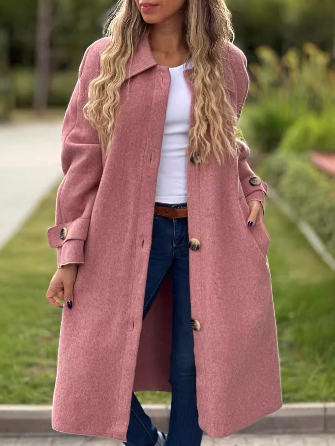 Women’s Long Coat – Wool Blend – Relaxed Fit – Button Front – Full Length