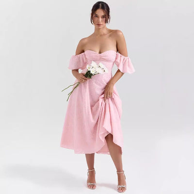 Women’s Midi Dress – Jacquard Fabric – A-Line Fit – Square Neck – Ruffled Sleeves