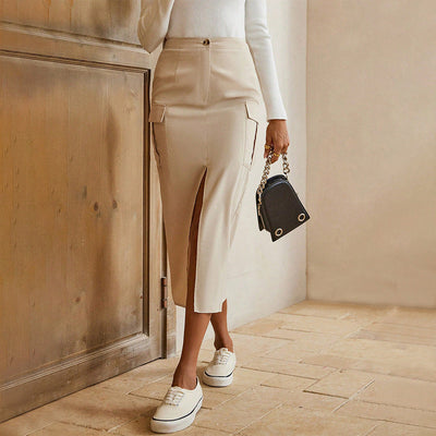 Women’s Midi Skirt – Slim Fit – High Waist – Front Slit – Tailored Woven – Cargo Pockets