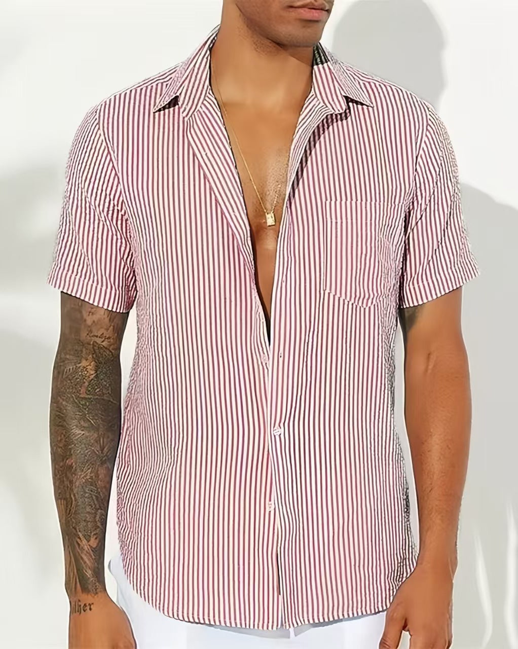 Men’s Short Sleeve Shirt – Cotton Blend – Relaxed Fit – Vertical Stripes – Chest Pocket