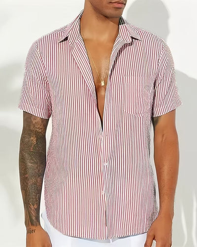 Men’s Short Sleeve Shirt – Cotton Blend – Relaxed Fit – Vertical Stripes – Chest Pocket