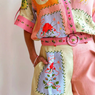 Women’s Linen Shirt and Shorts Set – Relaxed Fit – Embroidered – Belted High Waist