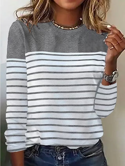 Women’s Long Sleeve T-Shirt – Cotton Blend – Casual Fit – Round Neck Striped Design