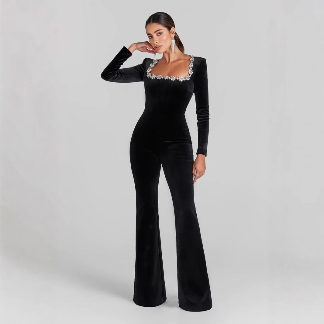 Women’s Jumpsuit – Slim Fit Velvet – Embellished Neckline – Long Sleeve Full Length