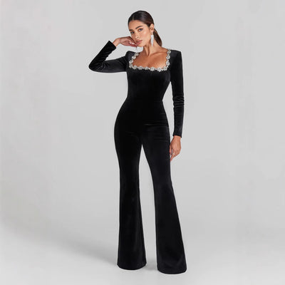 Women’s Jumpsuit – Slim Fit Velvet – Embellished Neckline – Long Sleeve Full Length