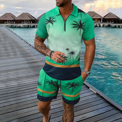 Men’s Sport Set – Slim Fit – Zip Neckline – Tropical Print