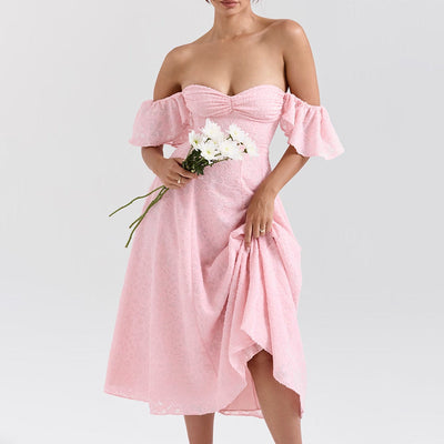 Women’s Midi Dress – Lace Fabric – Off Shoulder – Sweetheart Neckline – Open Back