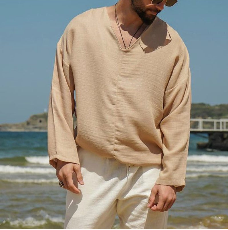 Men’s Linen Shirt – Relaxed Fit – V-Neck – Long Sleeve – Lightweight Casual Wear