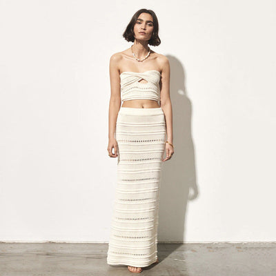 Women’s Two-Piece Set – Crochet Bandeau Top and Midi Skirt – Slim Fit Breathable Design