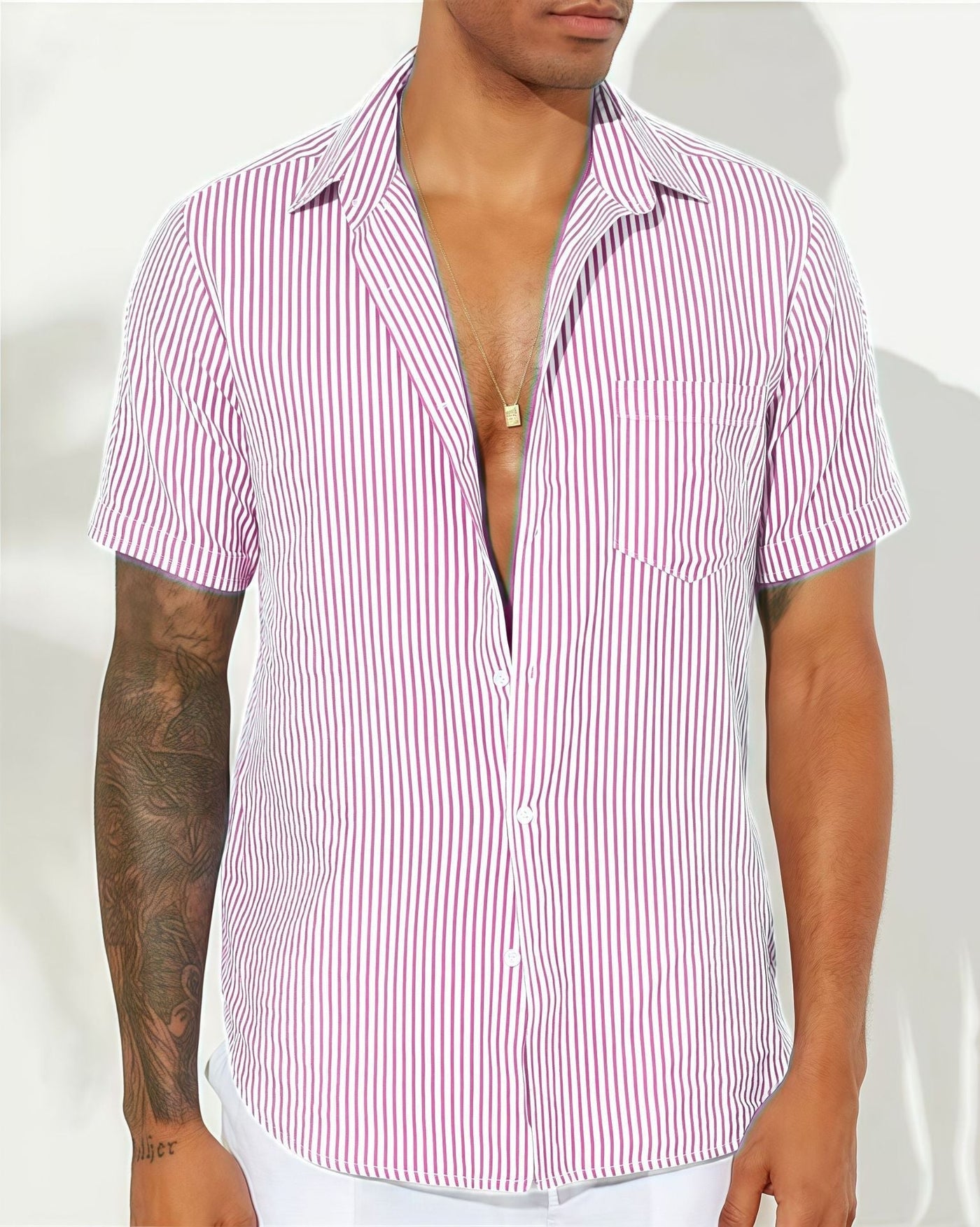 Men’s Short Sleeve Shirt – Cotton Blend – Relaxed Fit – Vertical Stripes – Chest Pocket
