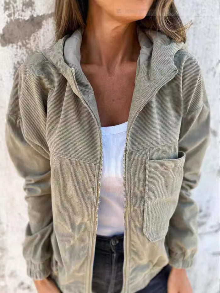Women’s Hooded Jacket – Corduroy – Relaxed Fit – Zip Front – Waist Length Casual Style