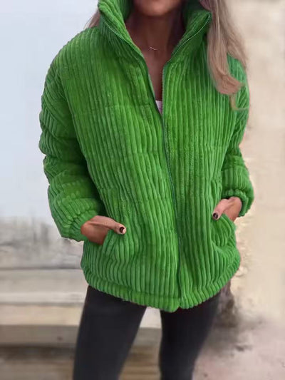 Women’s Corduroy Jacket – Relaxed Fit – Cropped Length – Zip Front – Stand Collar