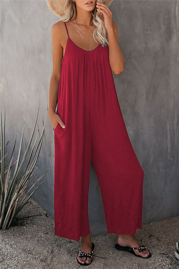 Women’s Jumpsuit – Relaxed Fit – Cotton Blend – Spaghetti Straps – Full Length – Pockets