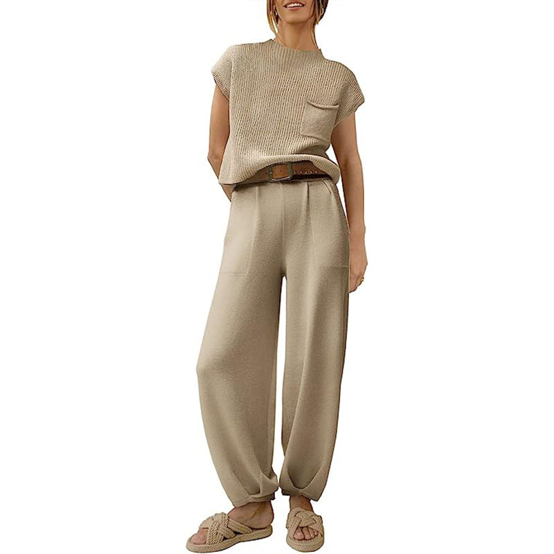 Women’s Knit Sweater Set – Cropped Short Sleeve Top – High Waist Relaxed Pants