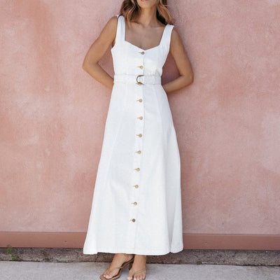Women’s Maxi Dress – Slim Fit – Sleeveless – Button Front – Belted Waist – Soft Fabric
