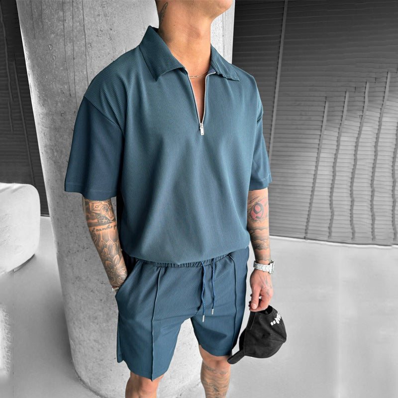 Men’s Polo and Shorts Set – Relaxed Fit – Cotton Blend – Zipper Neck – Drawstring Waist