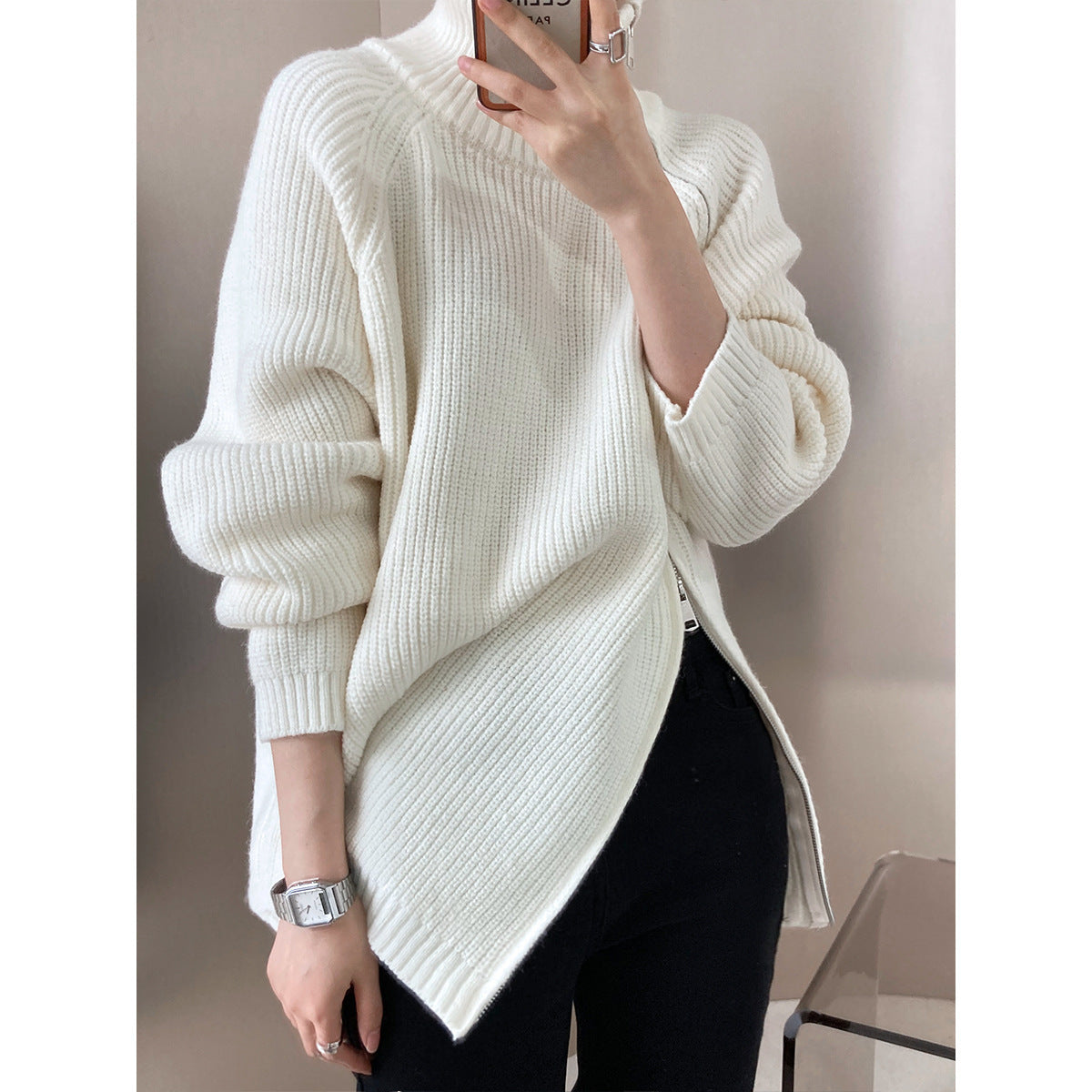 Women’s Knit Sweater – Wool Blend – Oversized Fit – High Collar – Side Zipper – Ribbed
