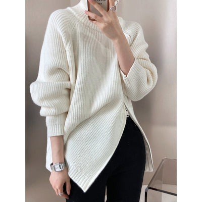 Women’s Knit Sweater – Wool Blend – Oversized Fit – High Collar – Side Zipper – Ribbed