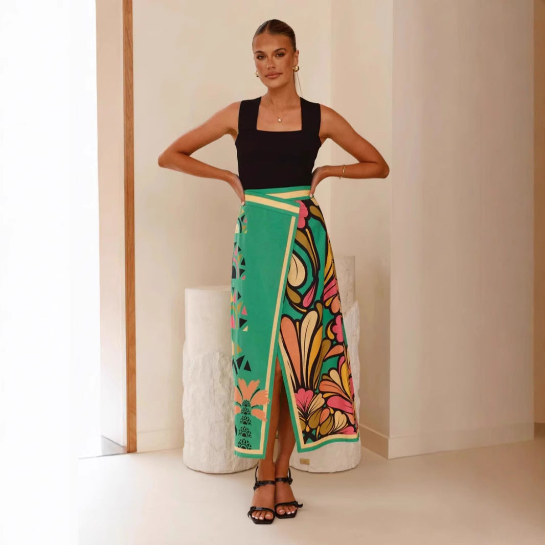 Women’s Midi Skirt – Slim Fit – Front Slit – Abstract Print – Elegant Draping