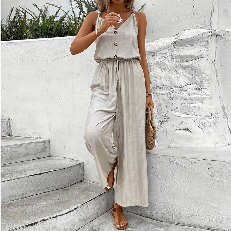Women’s Jumpsuit – Cotton Blend – Sleeveless Wide Leg – Button Front Relaxed Fit