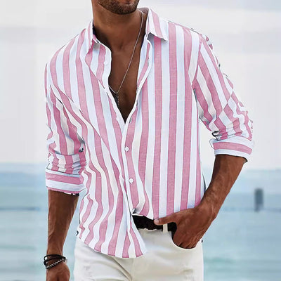 Men’s Long Sleeve Shirt – Cotton Linen Blend – Relaxed Fit – Striped Button-Up
