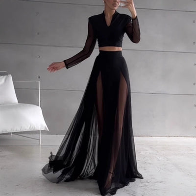 Women’s Two-Piece Set – Sheer Mesh Crop Top – Long Sleeve – A-Line Maxi Skirt