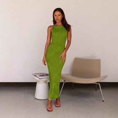 Women’s Midi Dress – Slim Fit – Backless – Textured Ripple Pattern – Sleeveless