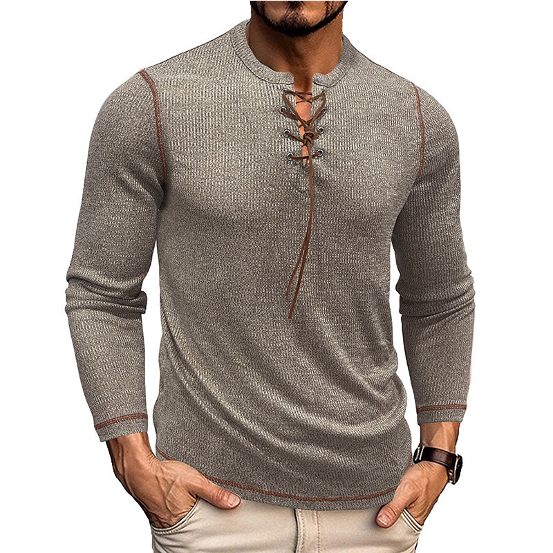 Men’s Long Sleeve Shirt – Slim Fit – Knit Texture – Lace-Up Neck – Casual Style