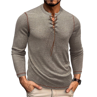 Men’s Long Sleeve Shirt – Slim Fit – Knit Texture – Lace-Up Neck – Casual Style