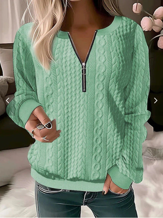 Women’s Knitted Sweater – Wool Blend – Cable Knit – Relaxed Fit – Zip Neckline