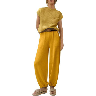 Women’s Knit Sweater Set – Cropped Short Sleeve Top – High Waist Relaxed Pants