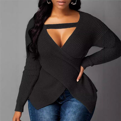 Women’s Pullover Sweater – Fitted Knit – Asymmetrical V-Neck – Cut-Out Detail – Long Sleeve