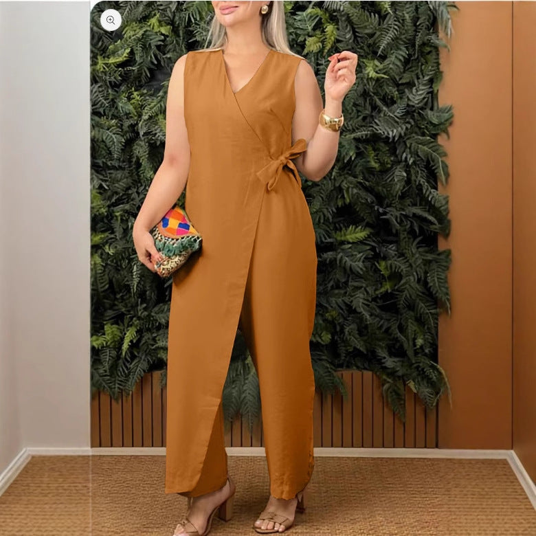 Women’s Jumpsuit – Cotton – Relaxed Fit – Sleeveless V-Neck Wrap Front Waist Tie