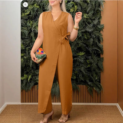 Women’s Jumpsuit – Cotton – Relaxed Fit – Sleeveless V-Neck Wrap Front Waist Tie