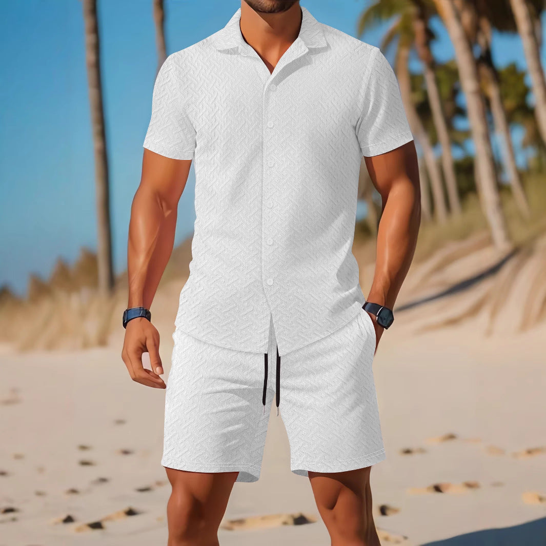 Men’s Shirt and Shorts Set – Slim Fit – Embossed – Lightweight Cotton – Casual Wear