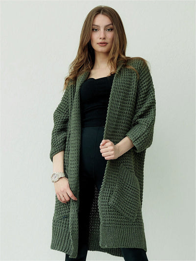 Women’s Knitted Coat – Oversized Fit – Open Front – Drop Shoulder – Patch Pockets