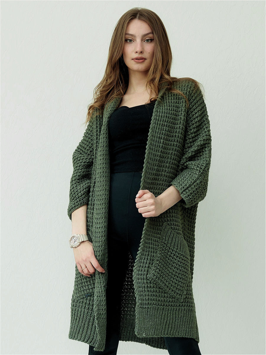 Women’s Knitted Coat – Oversized Fit – Open Front – Chunky Texture – Patch Pockets