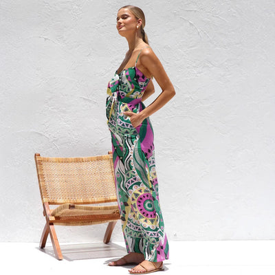 Women’s Jumpsuit – Wide Leg – Spaghetti Strap – Front Tie Cut-Out – Cotton Blend