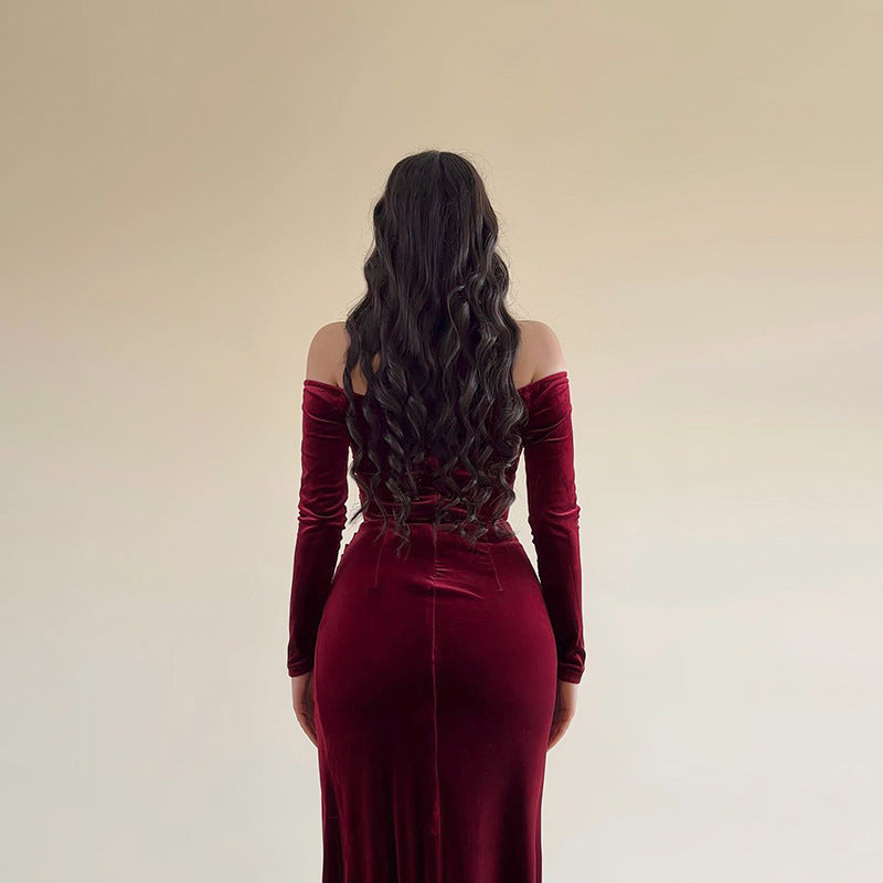 Women’s Long Dress – Velvet – Off Shoulder – Crossover Bust – High Slit – Long Sleeve