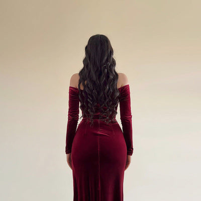 Women’s Long Dress – Velvet – Off Shoulder – Crossover Bust – High Slit – Long Sleeve
