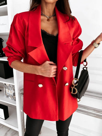 Women’s Blazer – Structured Fit – Puff Sleeves – Notch Lapel – Button Front – Hip Length